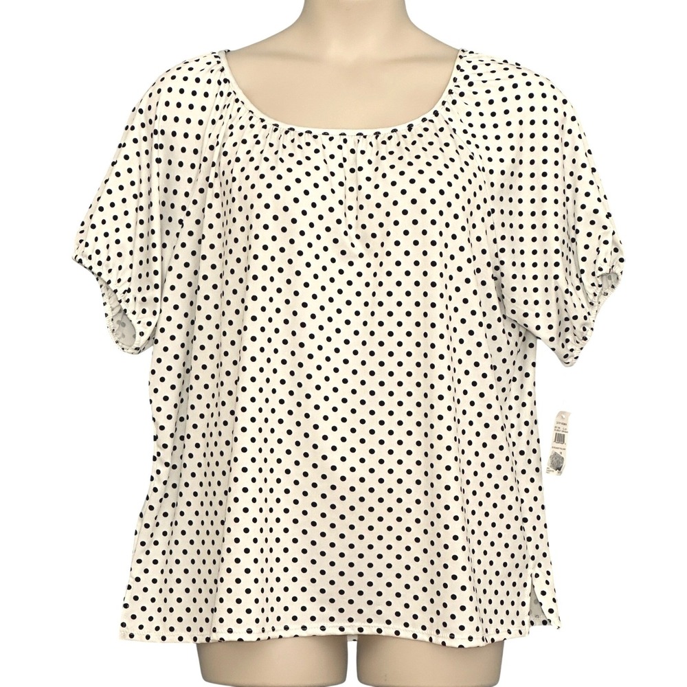 Cathy Woman Top Plus 1X Ivory Black Polka Dot Lightweight Office Classic NWT
